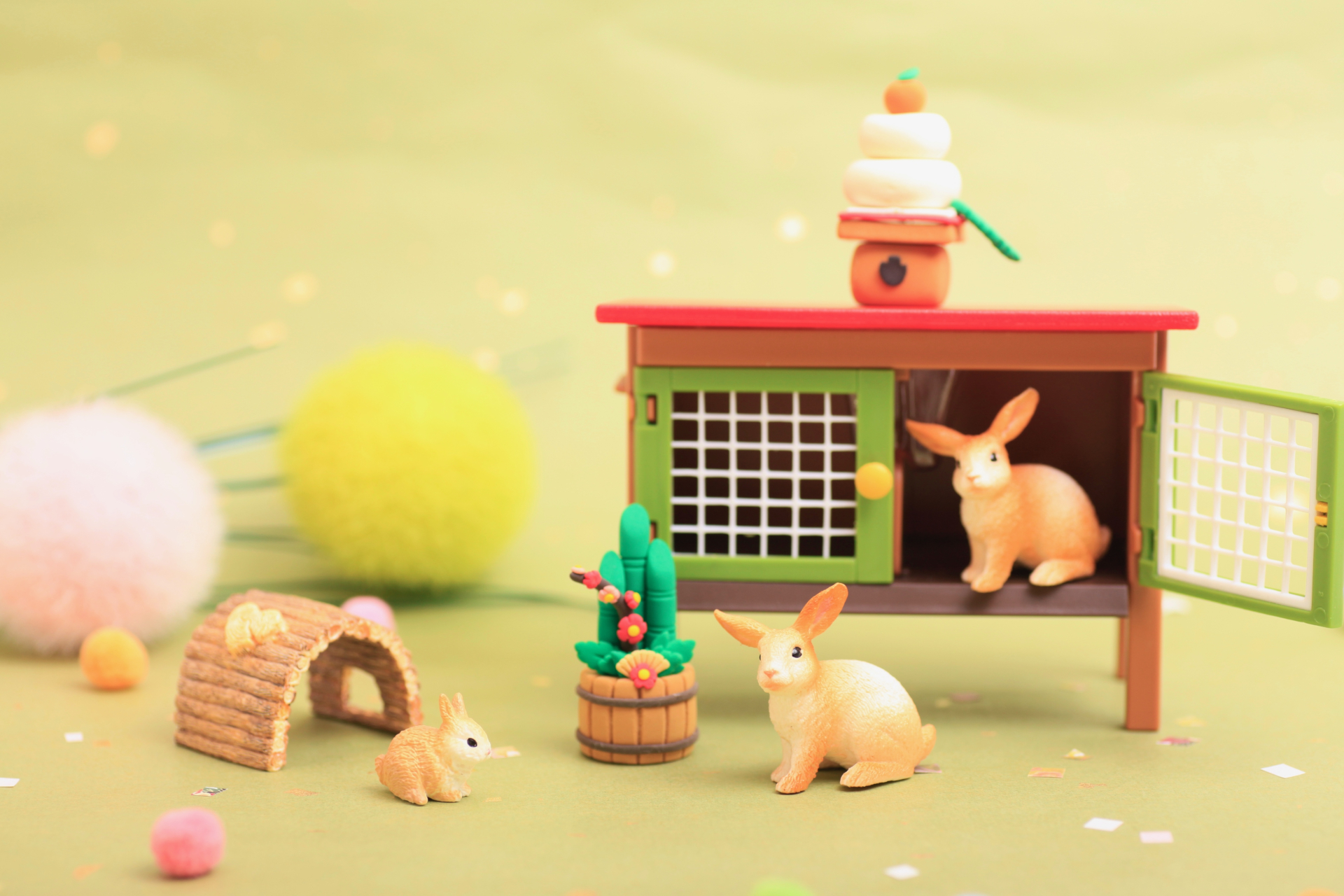 棚の上の鏡餅と門松とウサギ